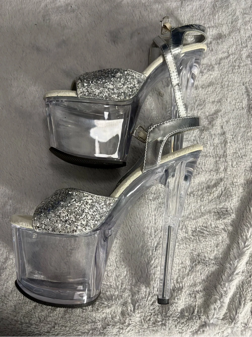 Pleaser Silver Glitter Clear Platform Stiletto Sandals